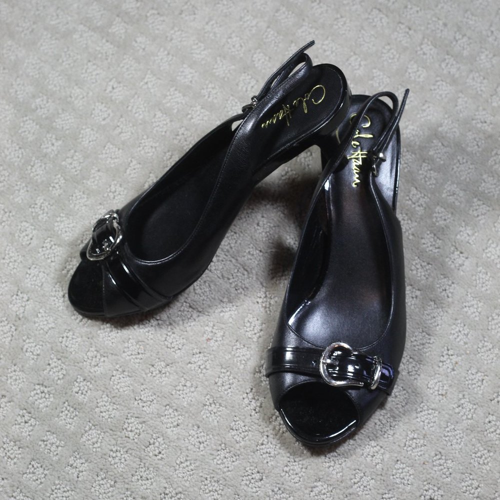 NWOT Cole Haan Nike Size 9.5AA Black Silver Buckle Peep Toe Sling Back 3" Heels